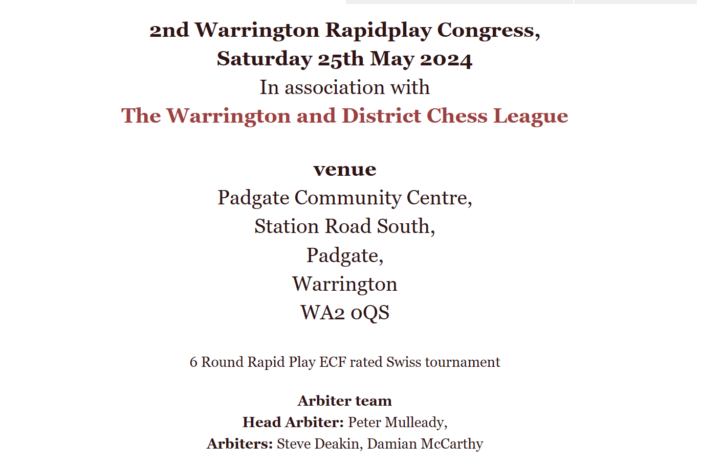 Warrington Rapidplay 25th May 2024 Culcheth Chess Club Blog